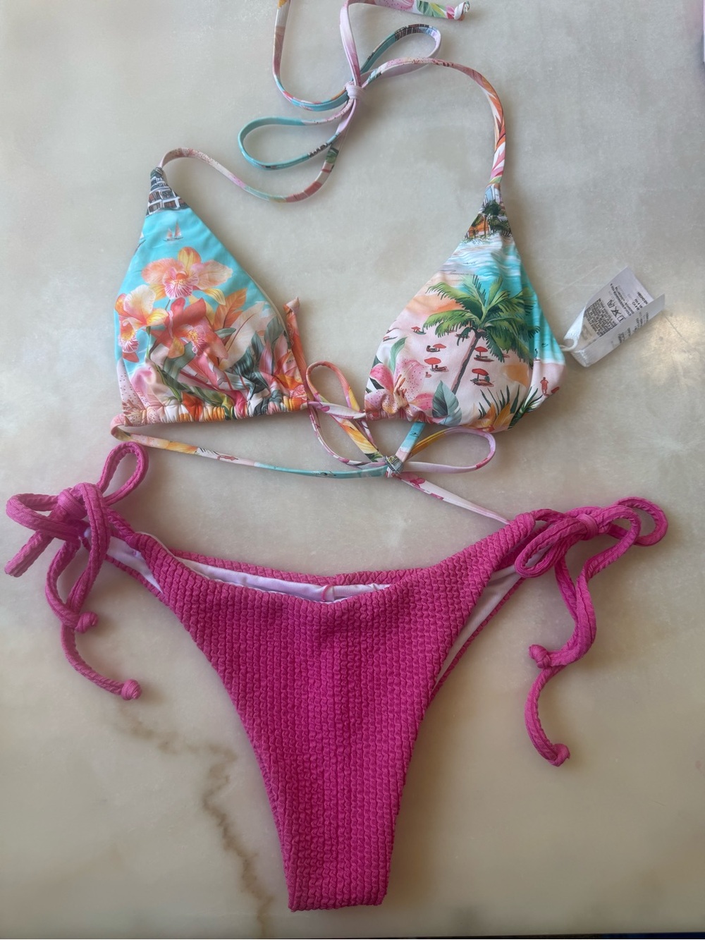 Billabong Tropical Print Triangle Bikini Top & Hot Pink Tie-Side Bottoms